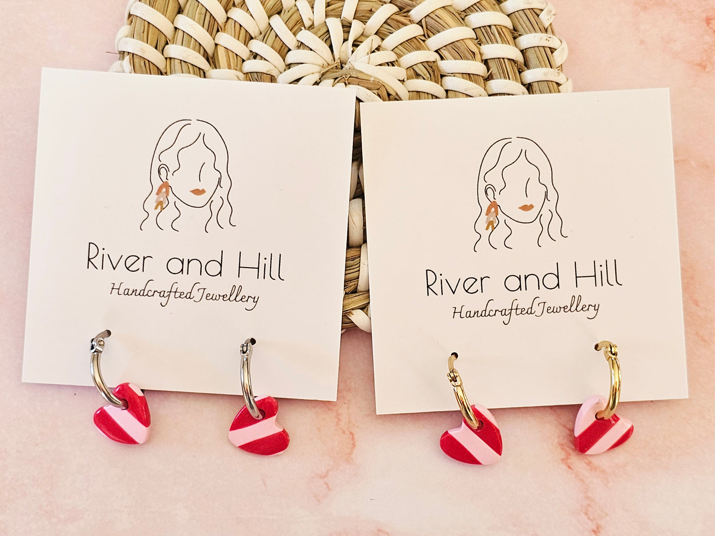 Striped Hoop Heart Earrings Pink and Red