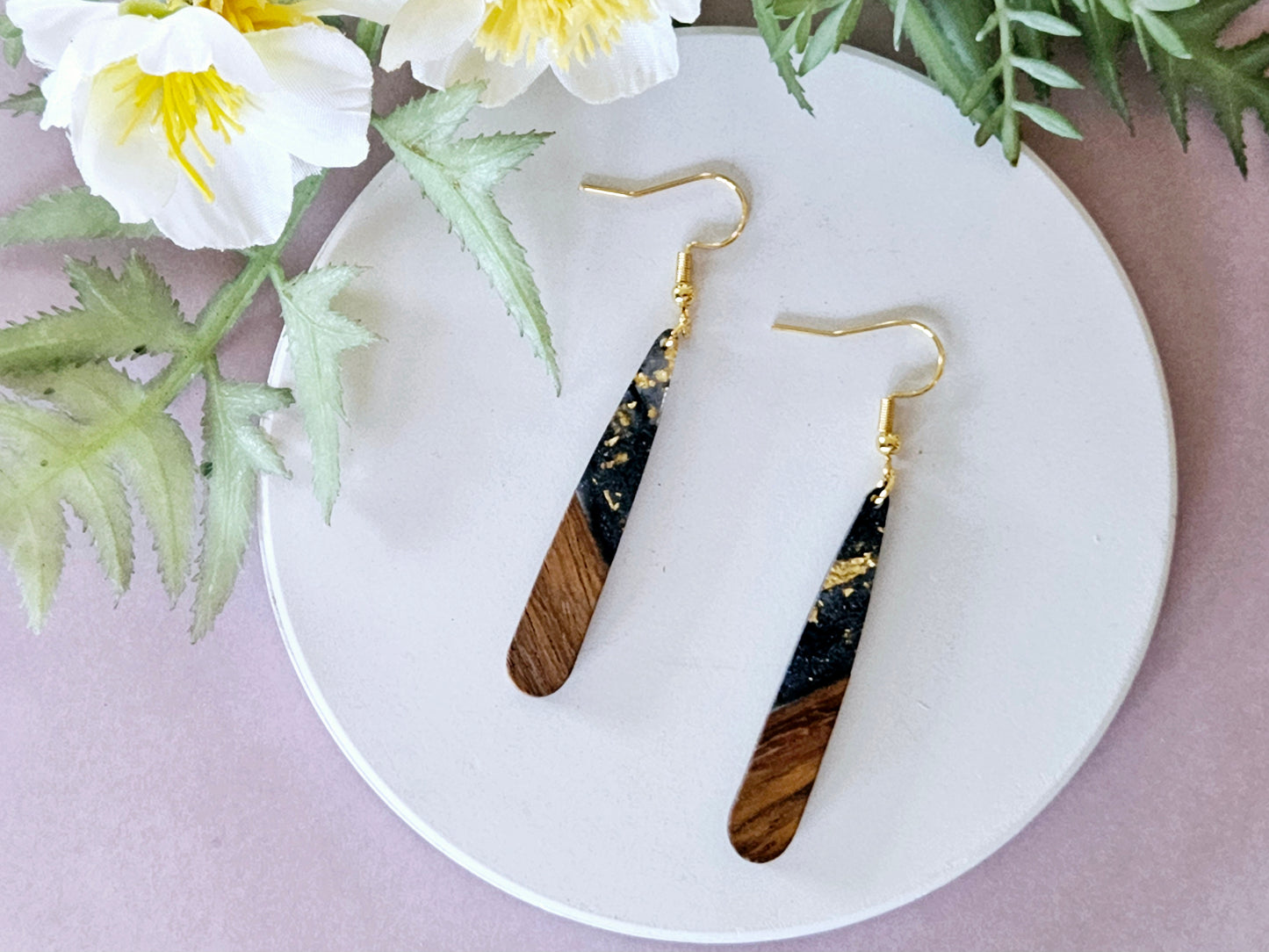 Wood and Resin Droplet Earrings