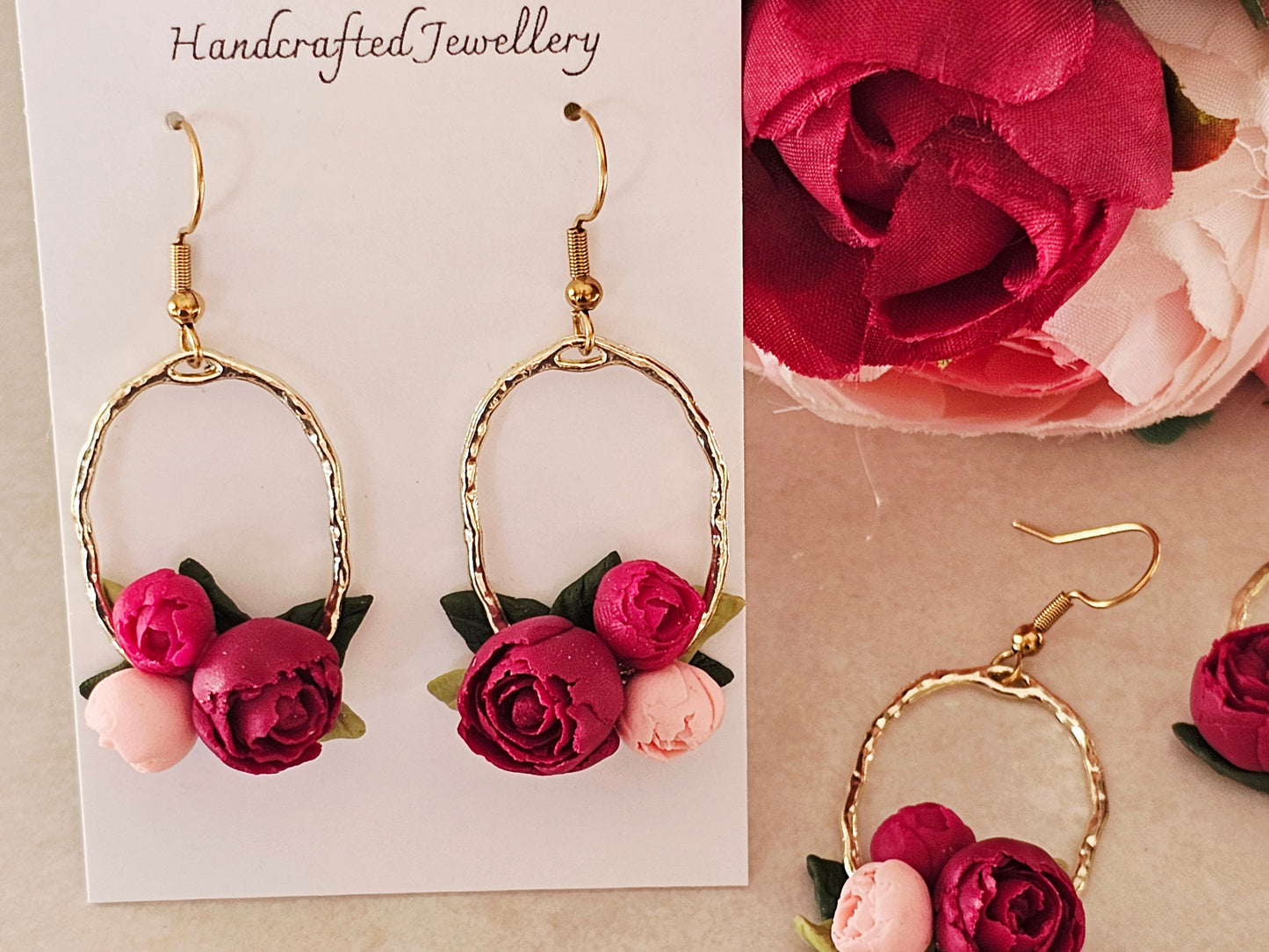 Peonies Gold Oval Bouquet Earrings