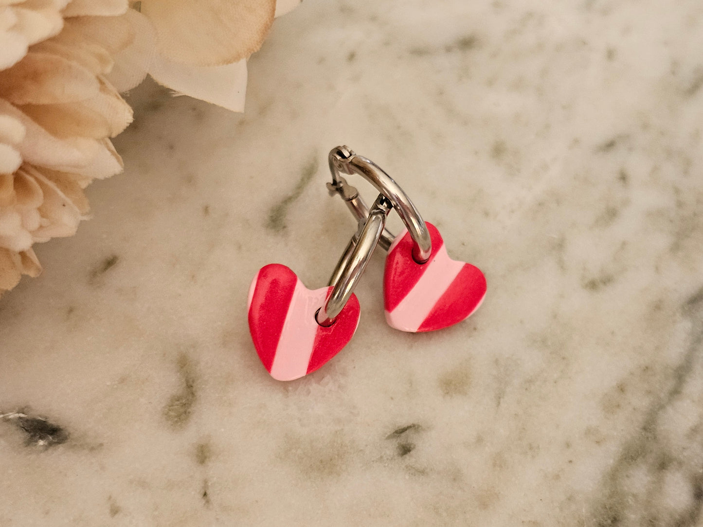 Striped Hoop Heart Earrings Pink and Red