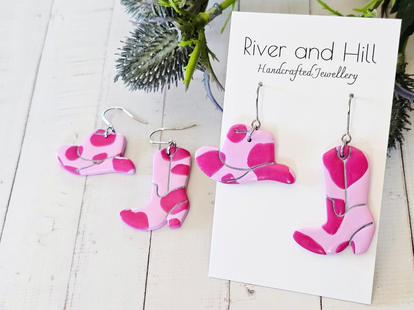 Cow Print Pink Cowboy Boot Earrings