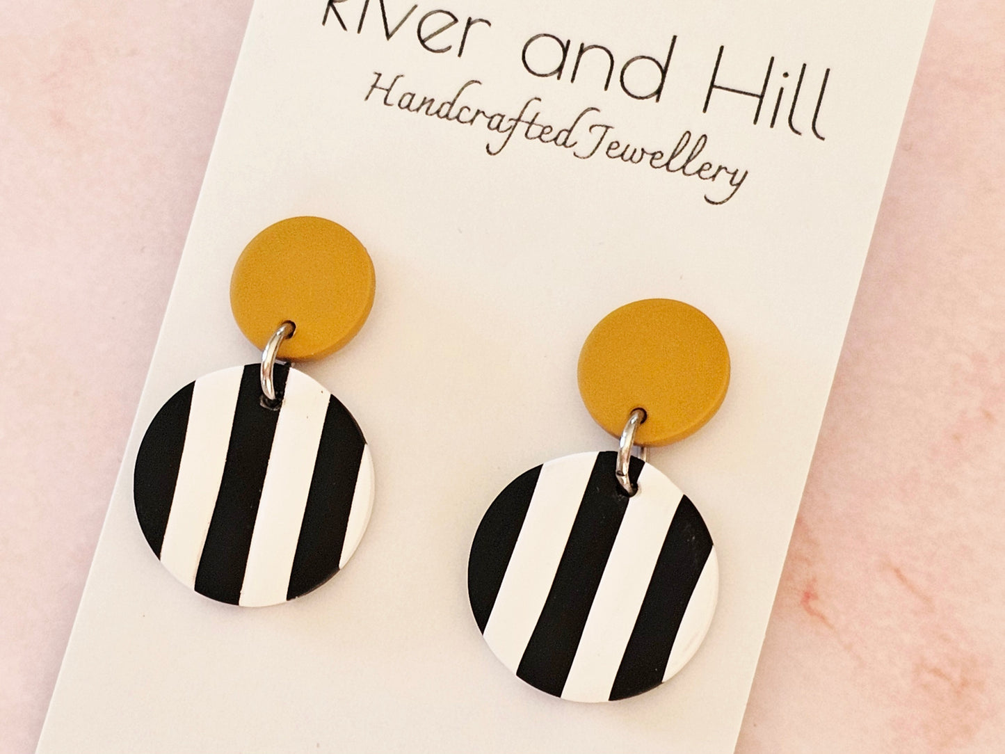 Striped Earrings Black, White and Mustard