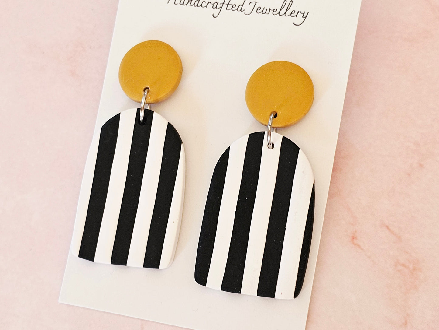 Striped Statement Earrings Black, White and Mustard