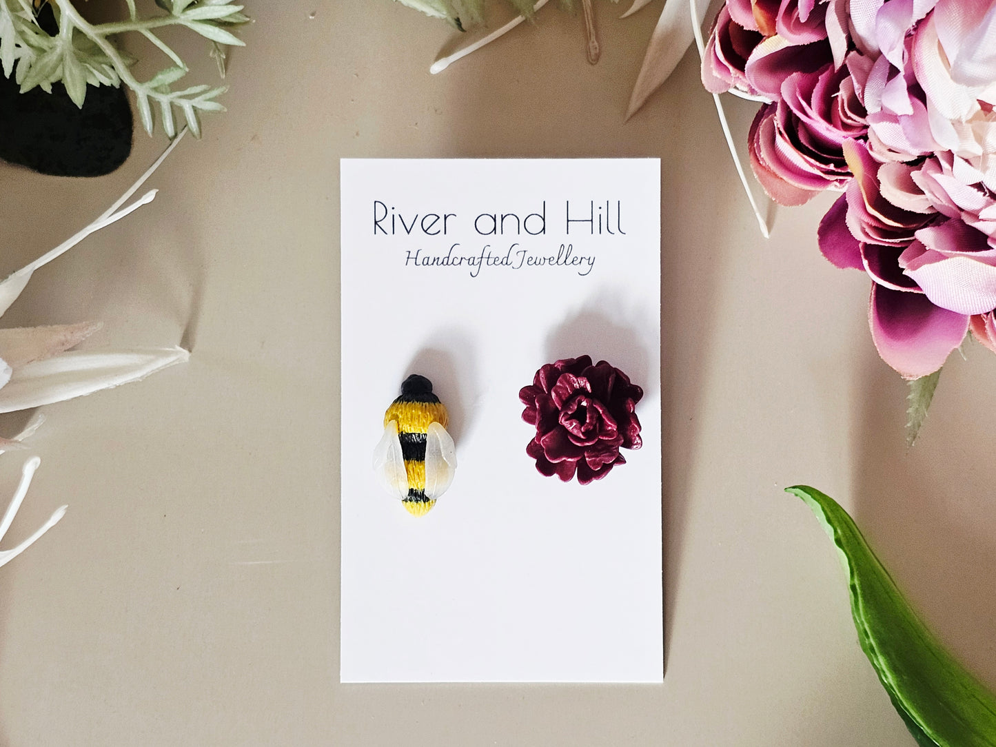 Carnation and Bumble Bee Earrings