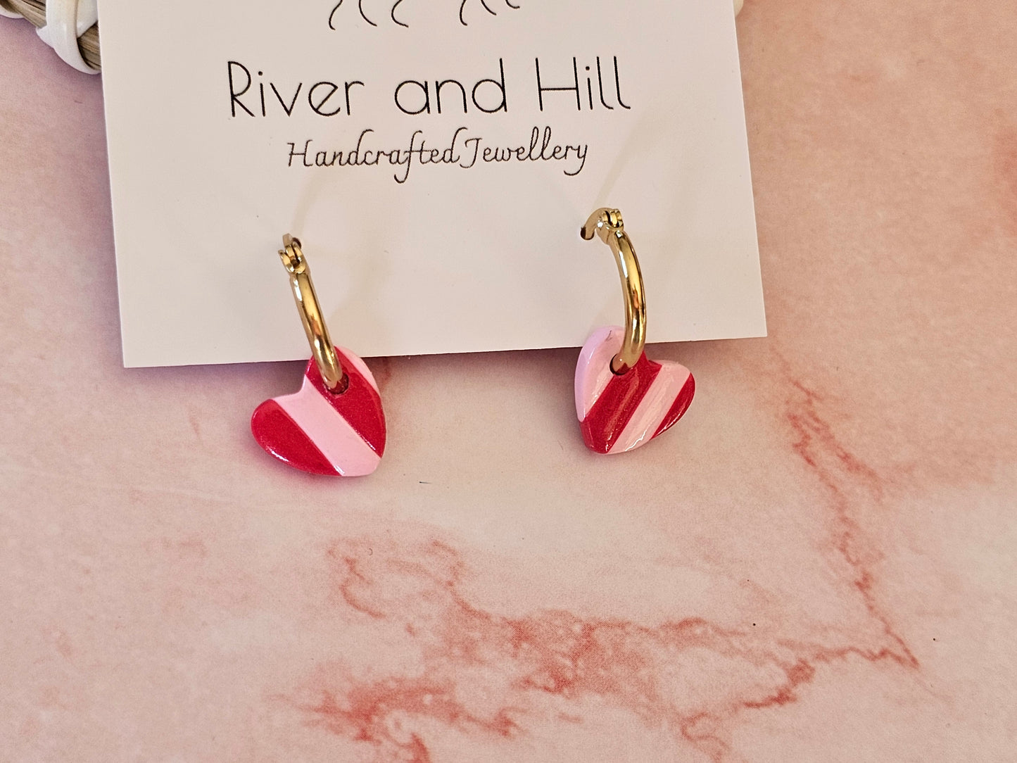 Striped Hoop Heart Earrings Pink and Red