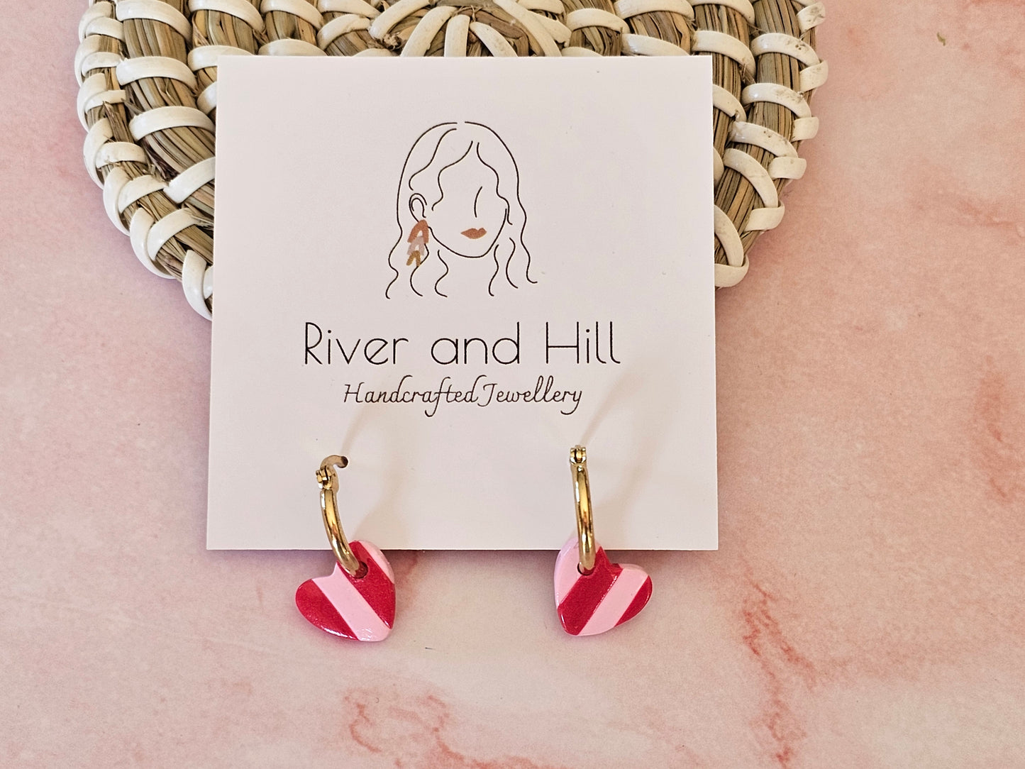 Striped Hoop Heart Earrings Pink and Red