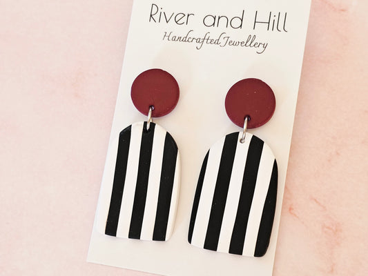 Striped Statement Earrings Black, White and Burgundy