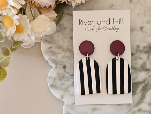 Striped Statement Earrings Black, White and Burgundy