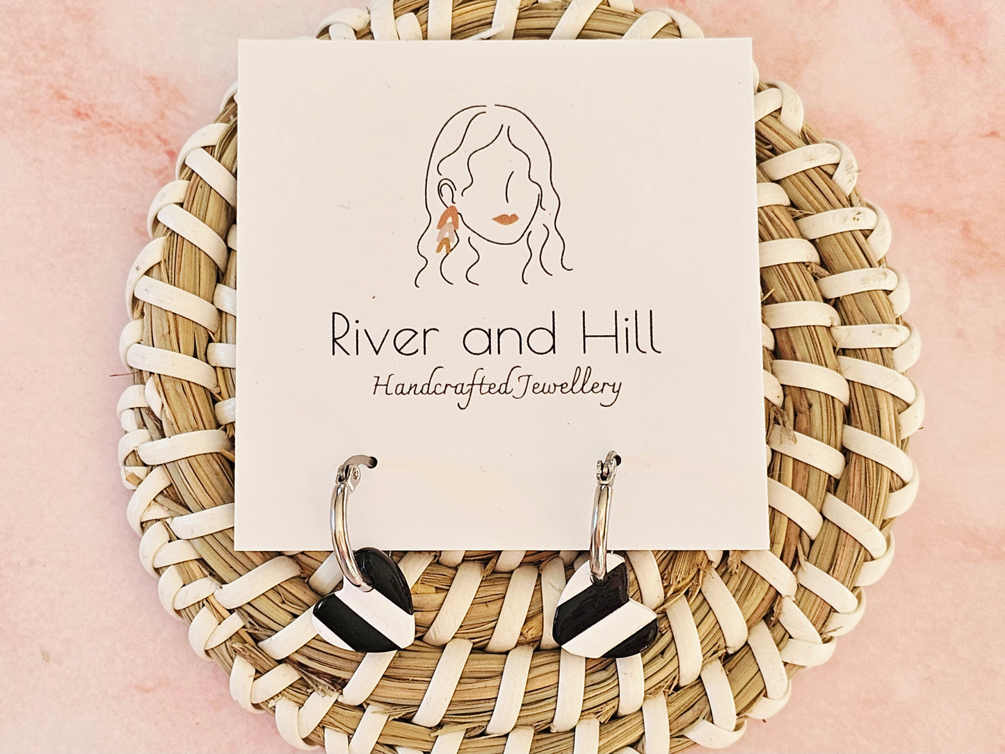 Striped Hoop Heart Earrings Black and White