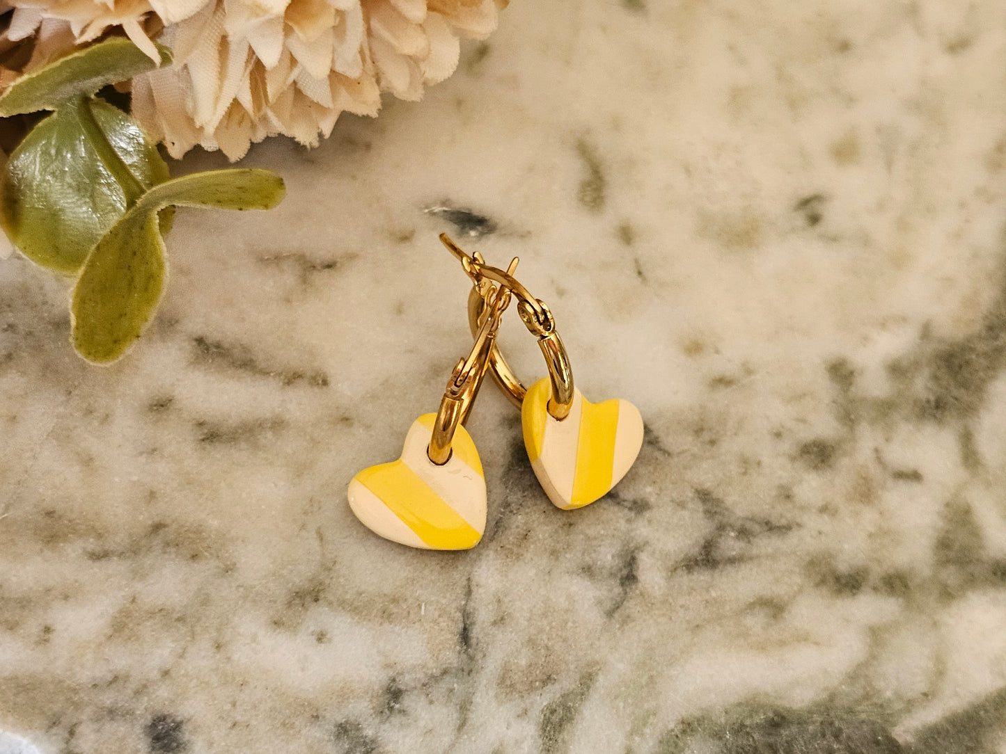 Striped Hoop Heart Earrings Yellow
