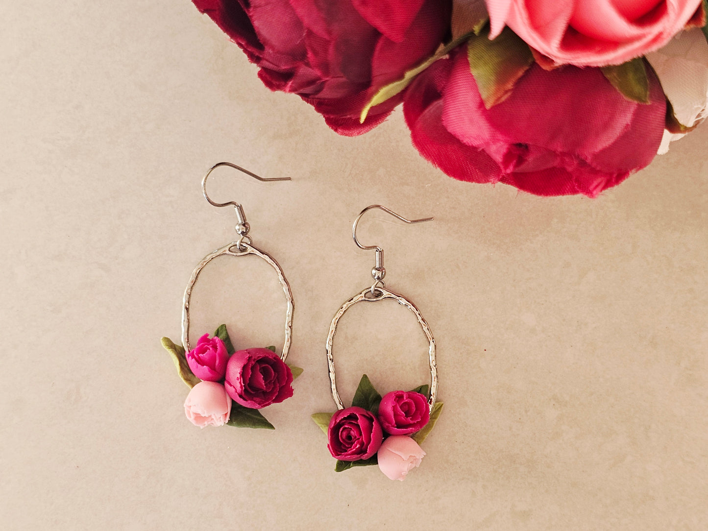 Peonies Gold Oval Bouquet Earrings