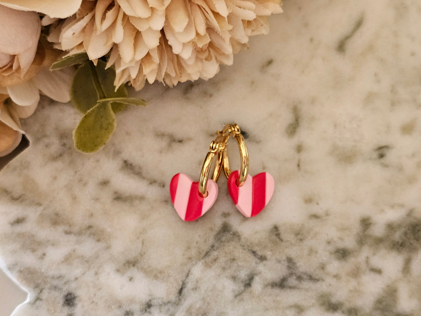 Striped Hoop Heart Earrings Pink and Red