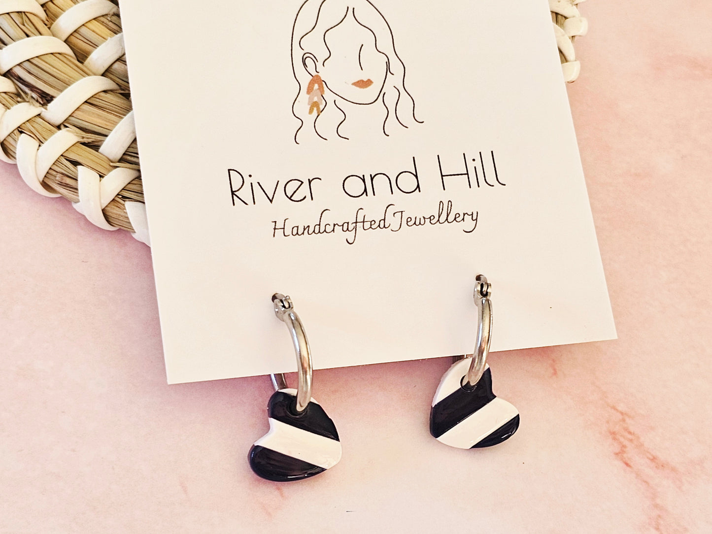 Striped Hoop Heart Earrings Navy and White