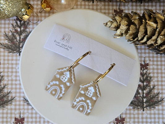 Christmas Folk Gingerbread House Hoop Earrings
