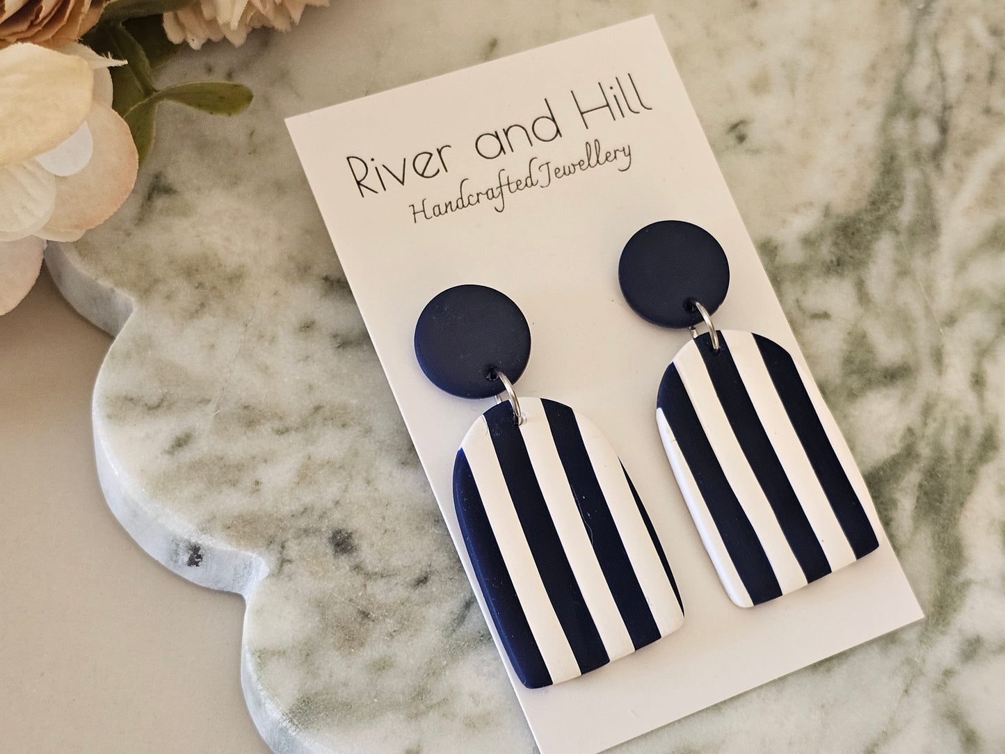 Striped Statement Earrings Navy and White