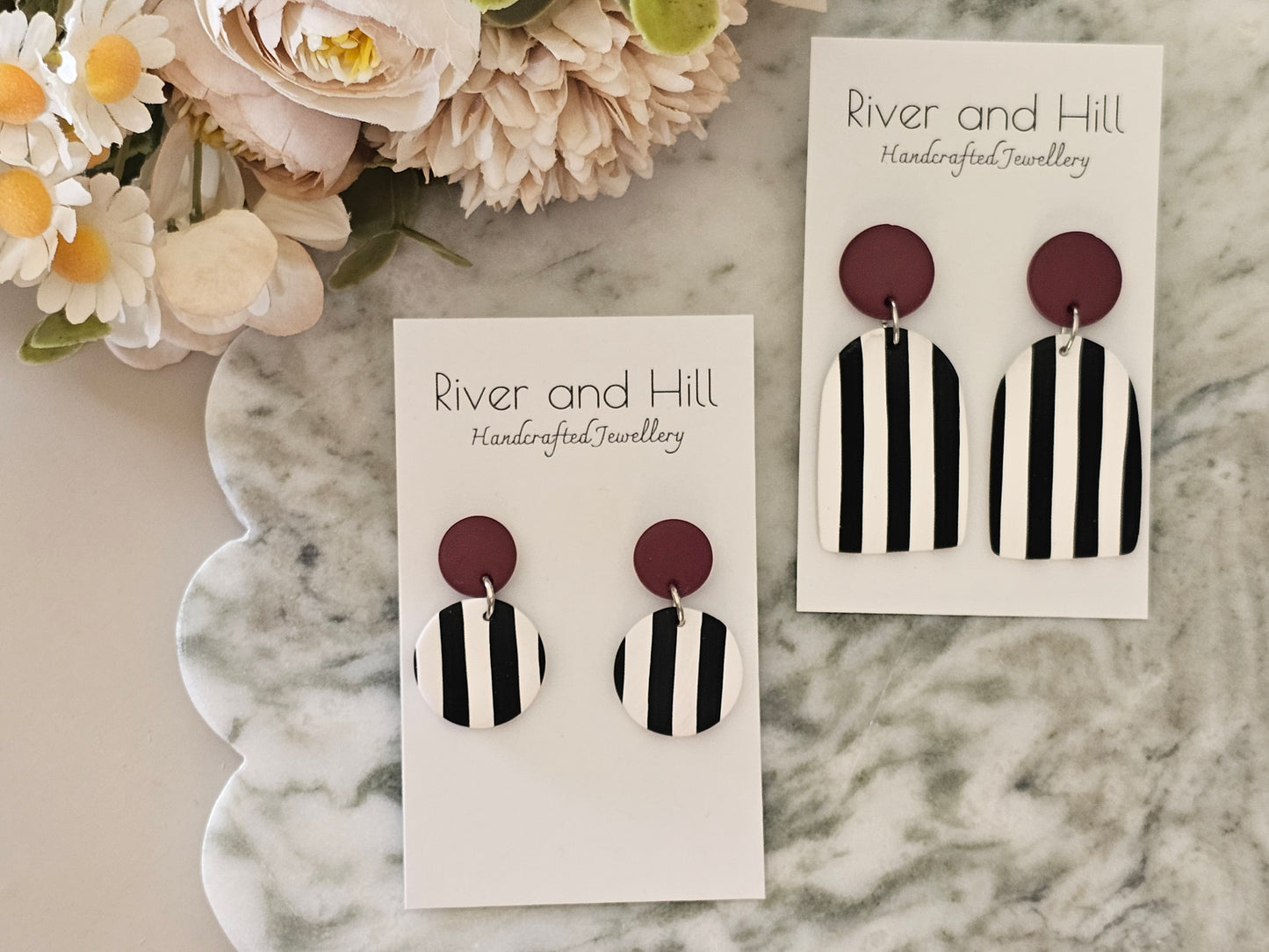 Striped Earrings Black, White and Burgundy