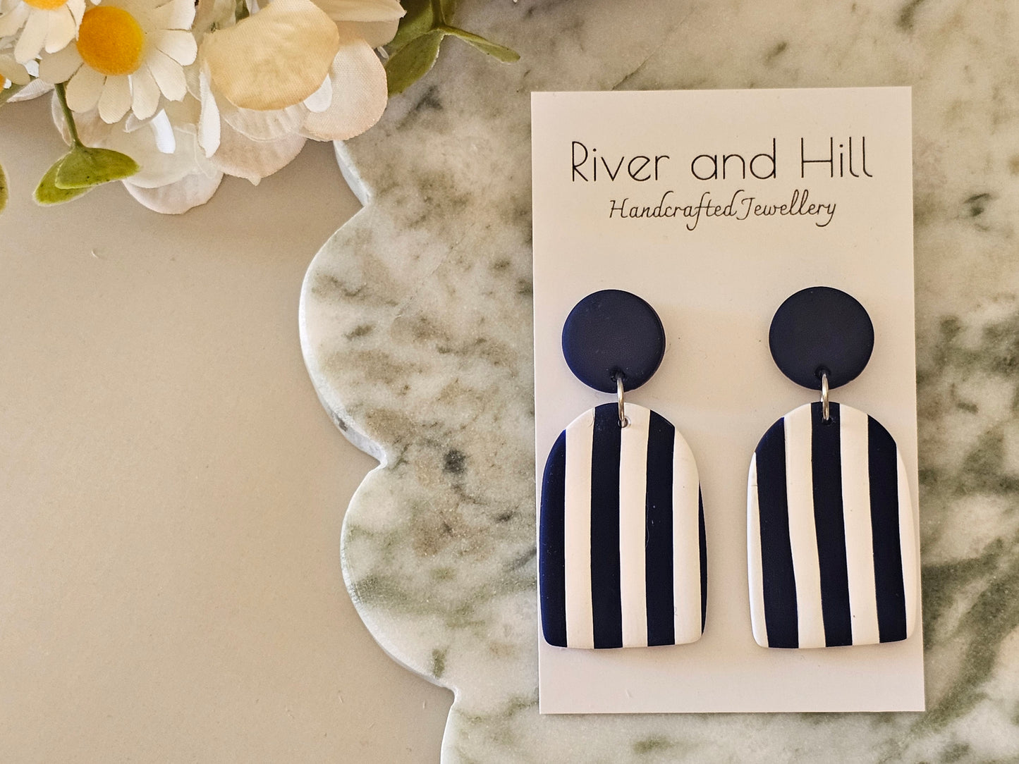 Striped Statement Earrings Navy and White