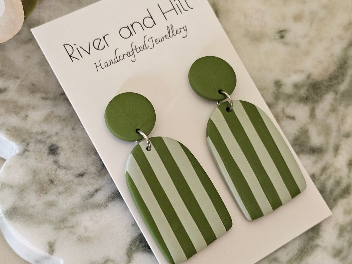 Striped Statement Earrings Olive and Sage Green