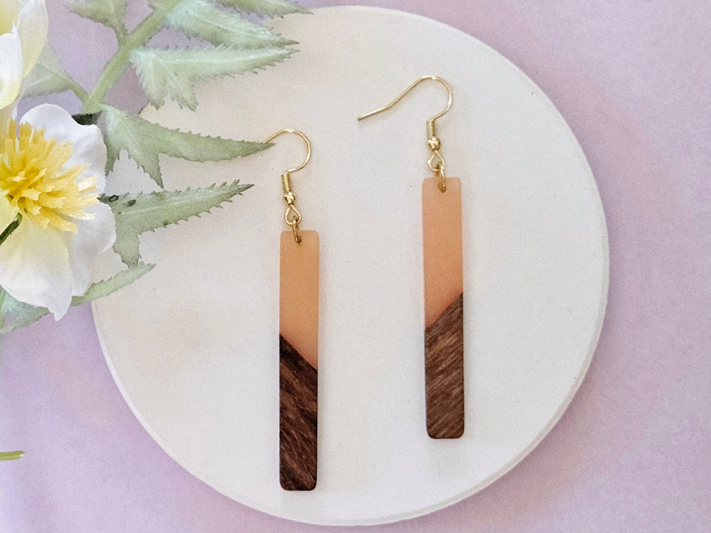 Wood and Resin Bar Gold Hook Earrings