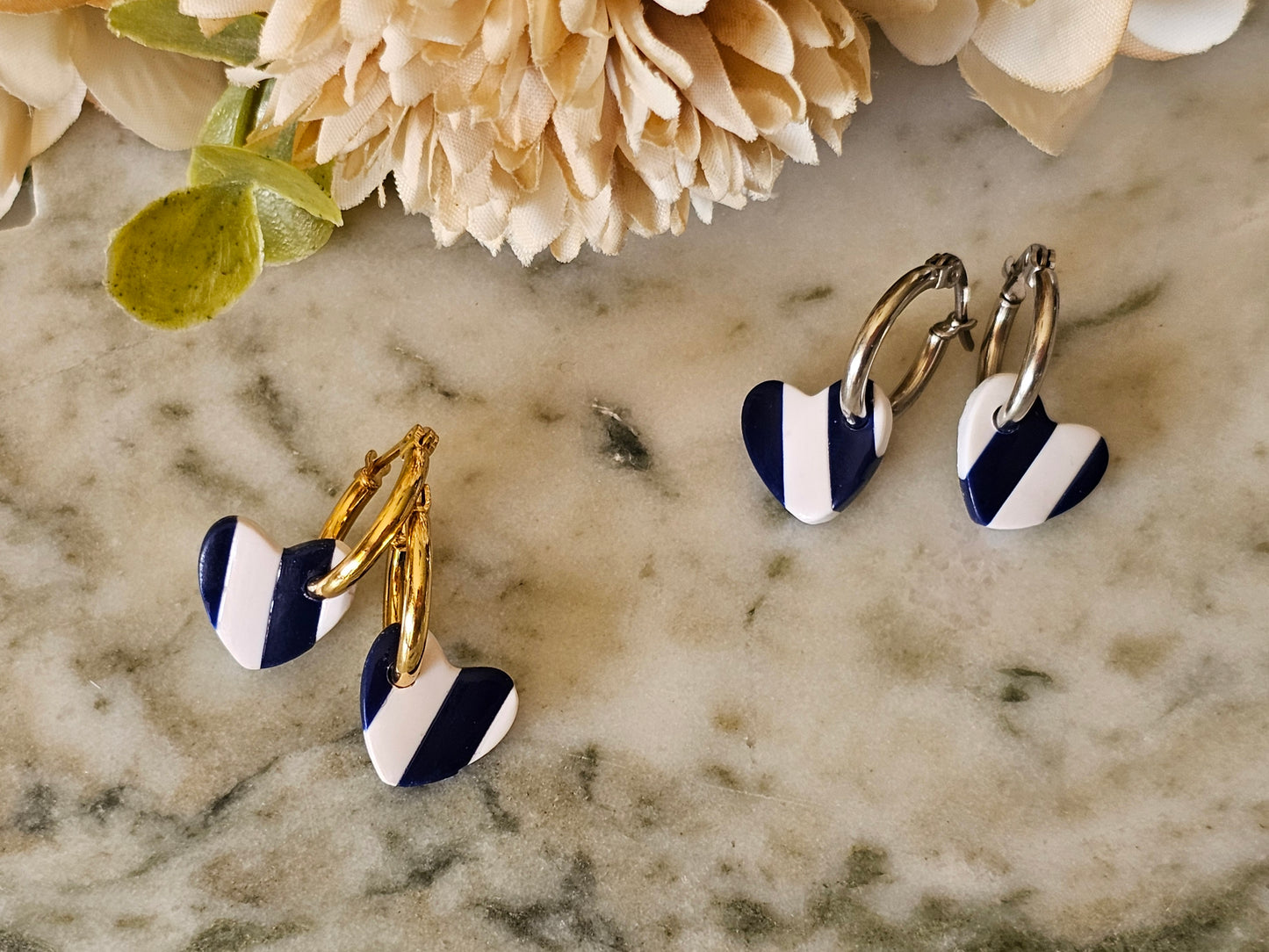 Striped Hoop Heart Earrings Navy and White