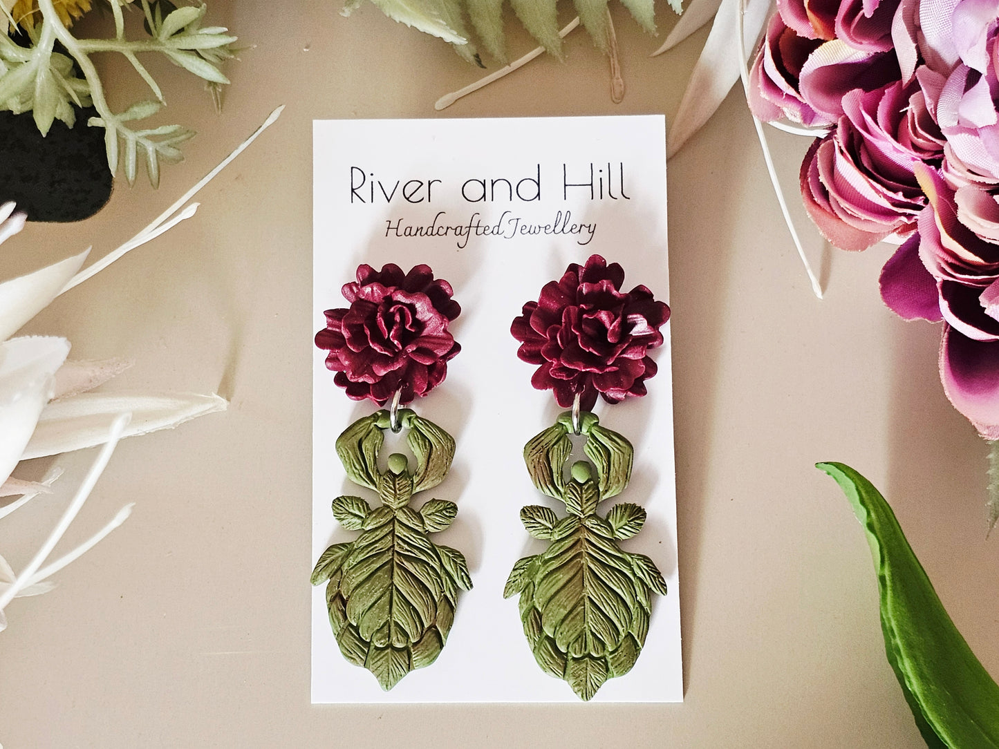 Leaf Insect & Carnation Earrings