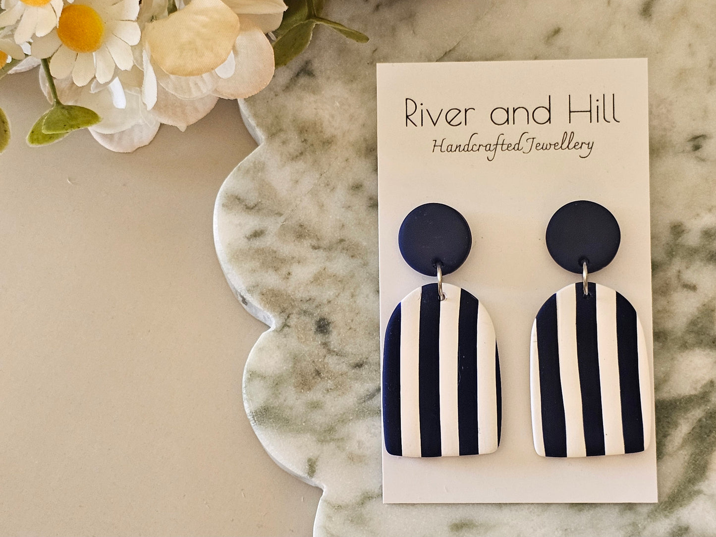 Striped Statement Earrings Navy and White