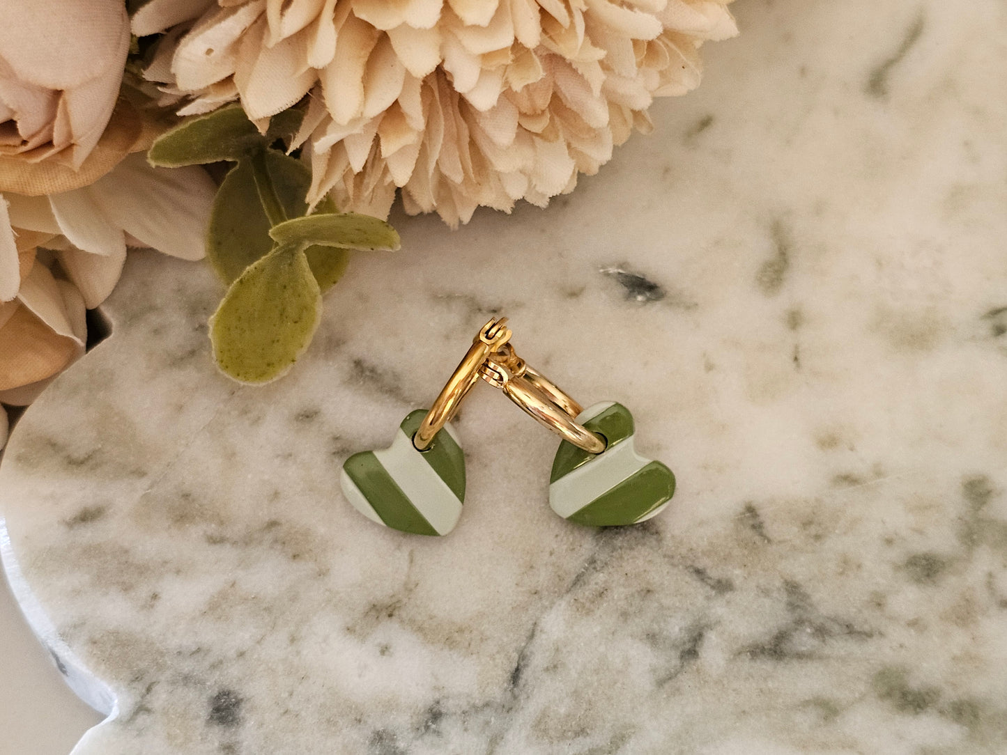 Striped Hoop Heart Earrings Olive and Sage Green