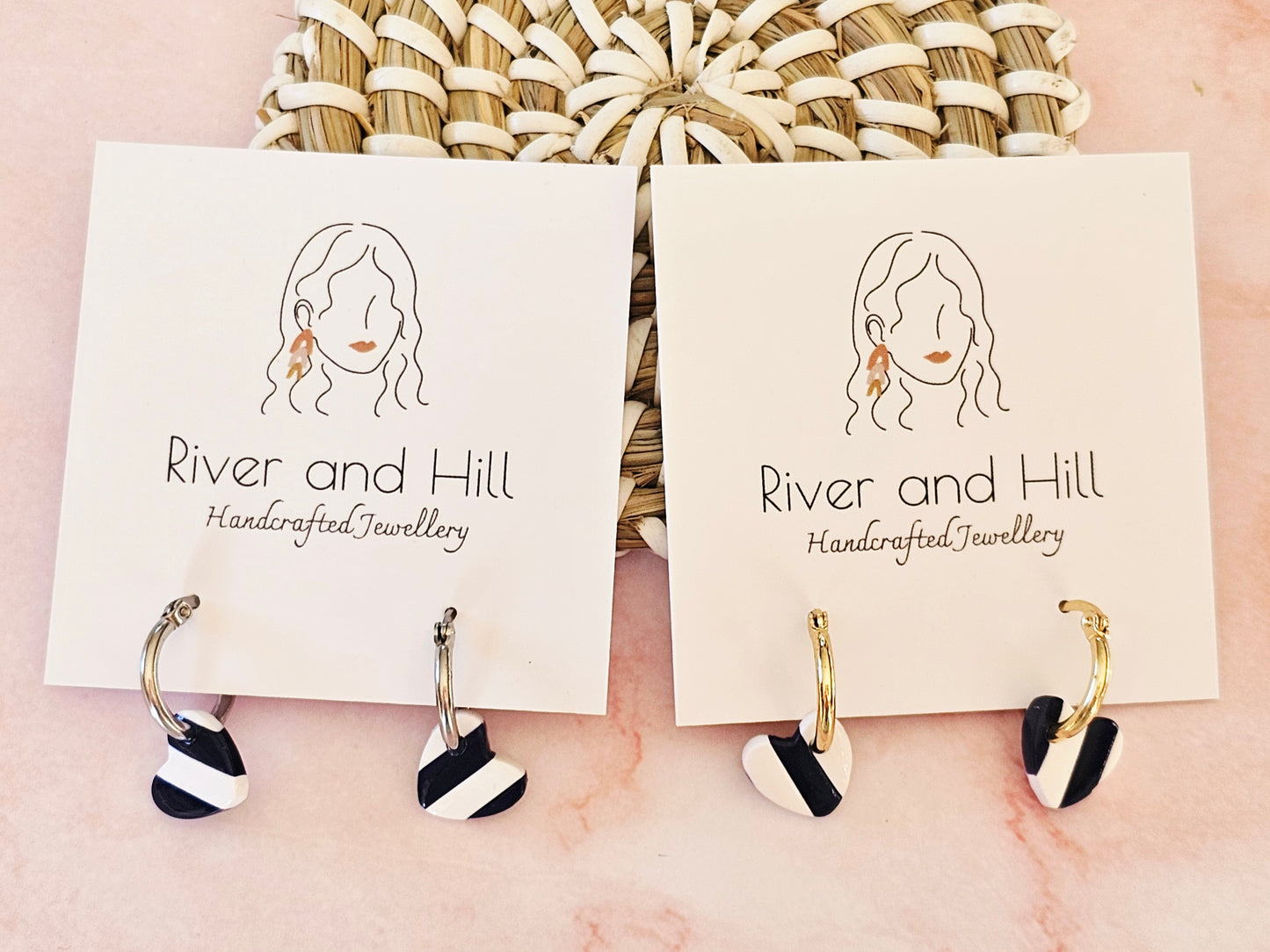 Striped Hoop Heart Earrings Navy and White