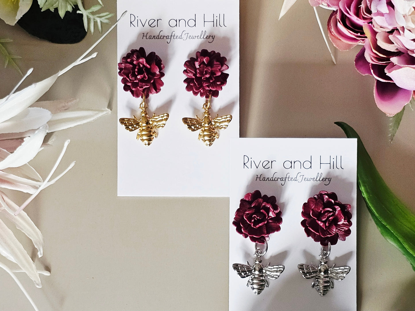 Carnation and Bee Charm Gold Earrings