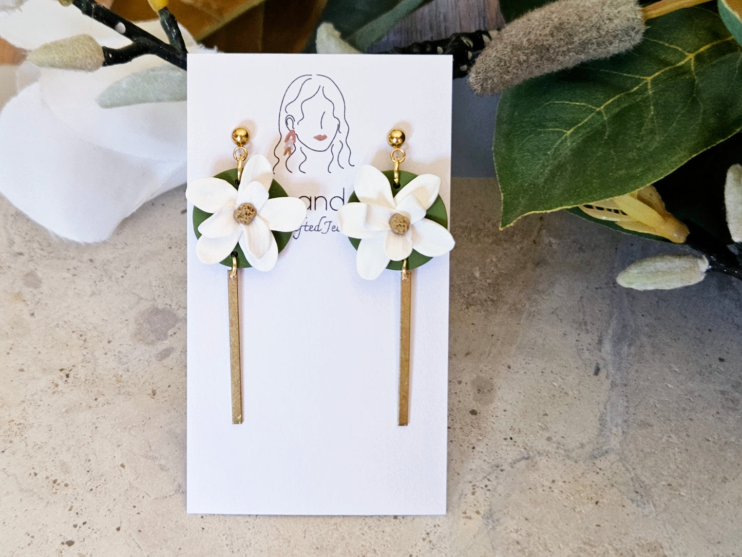 Magnolia Bar Drop Earrings White