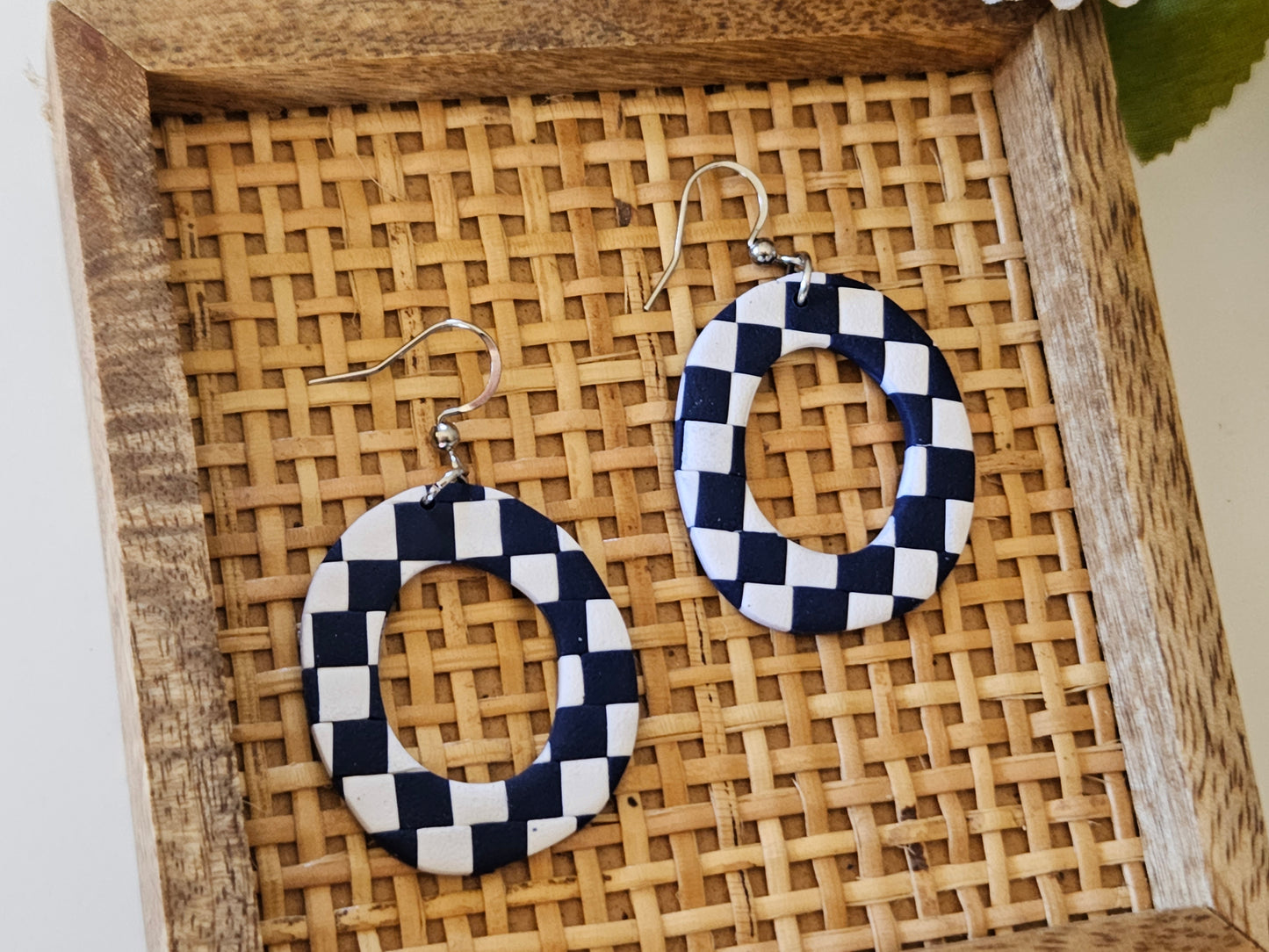 Checkered Oval Navy and White Earrings
