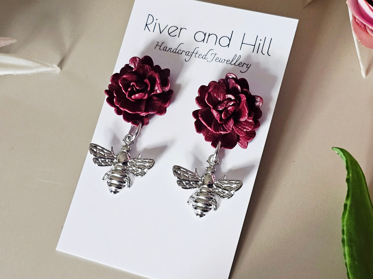 Carnation and Bee Charm Silver Earrings