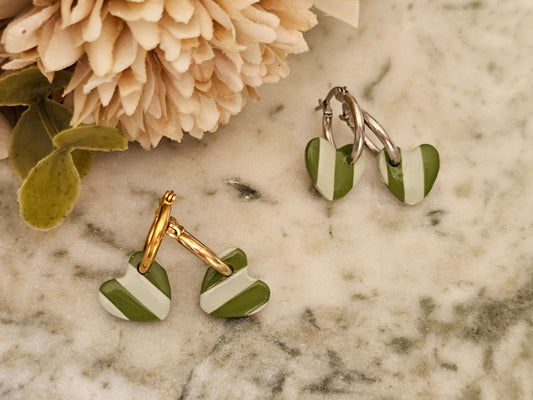Striped Hoop Heart Earrings Olive and Sage Green