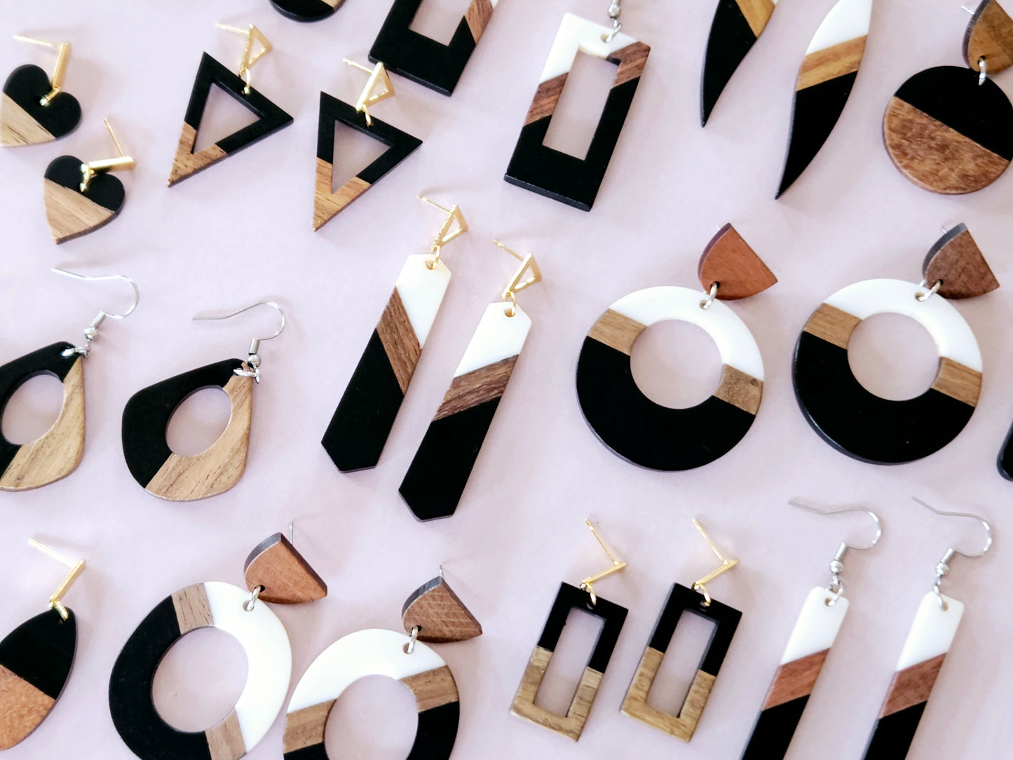 Wood and Resin Monochrome Dainty Oval Earrings