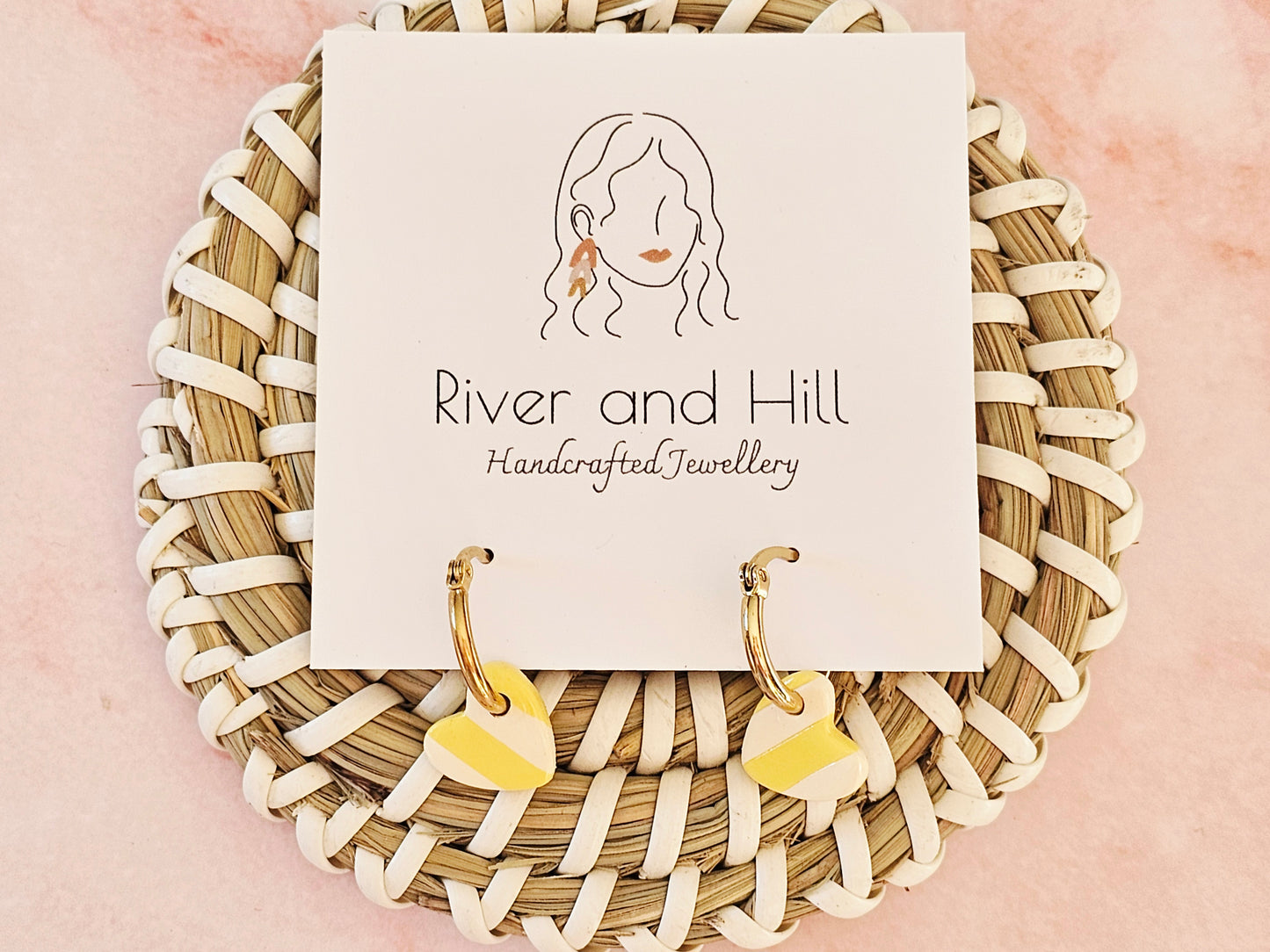 Striped Hoop Heart Earrings Yellow