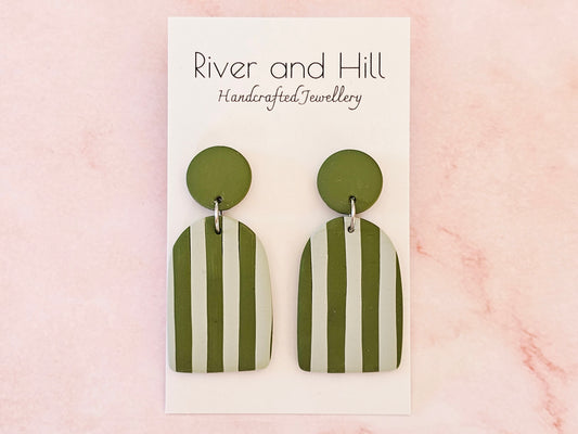 Striped Statement Earrings Olive and Sage Green