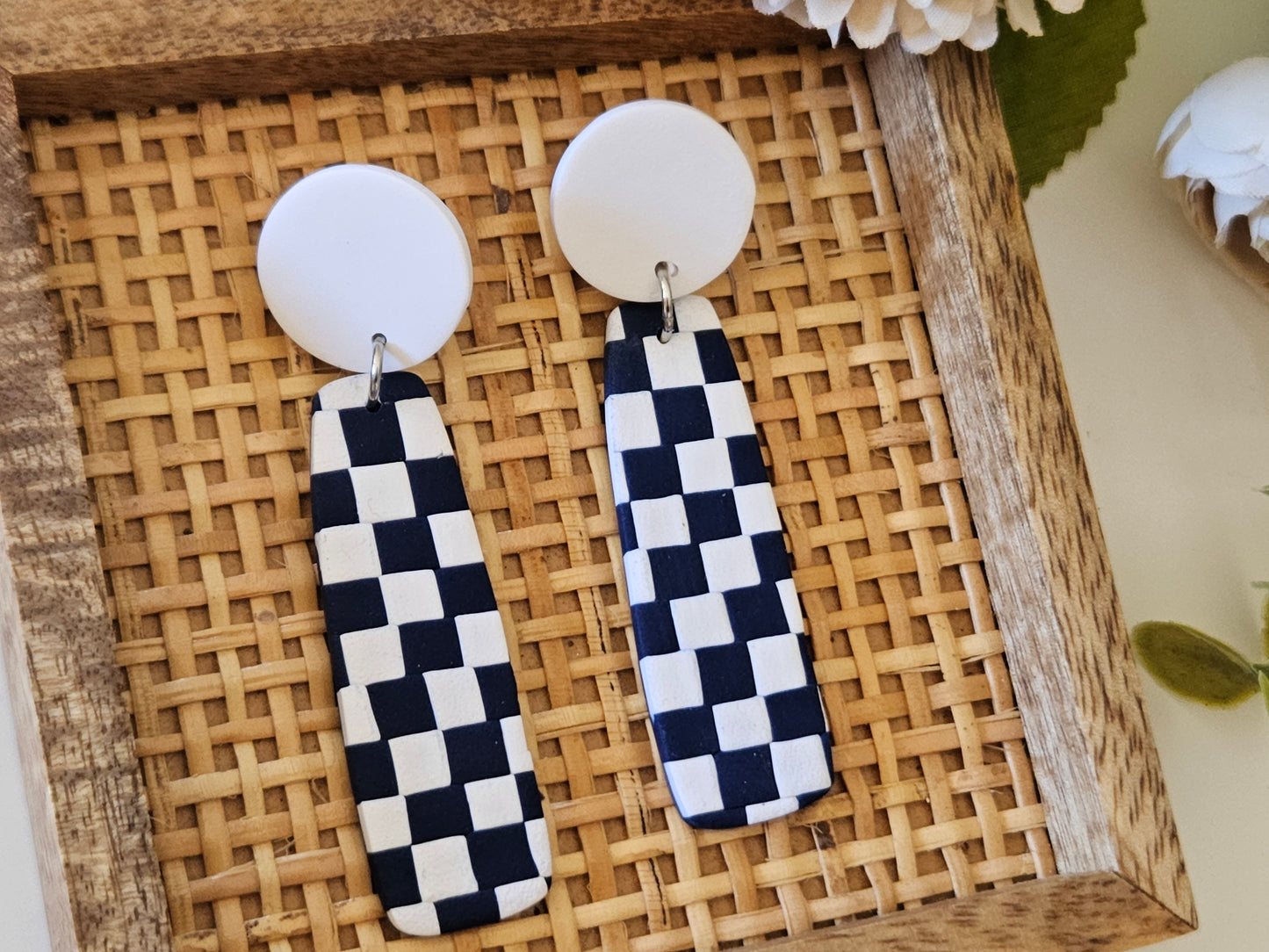 Checkered Bar Navy and White Earrings