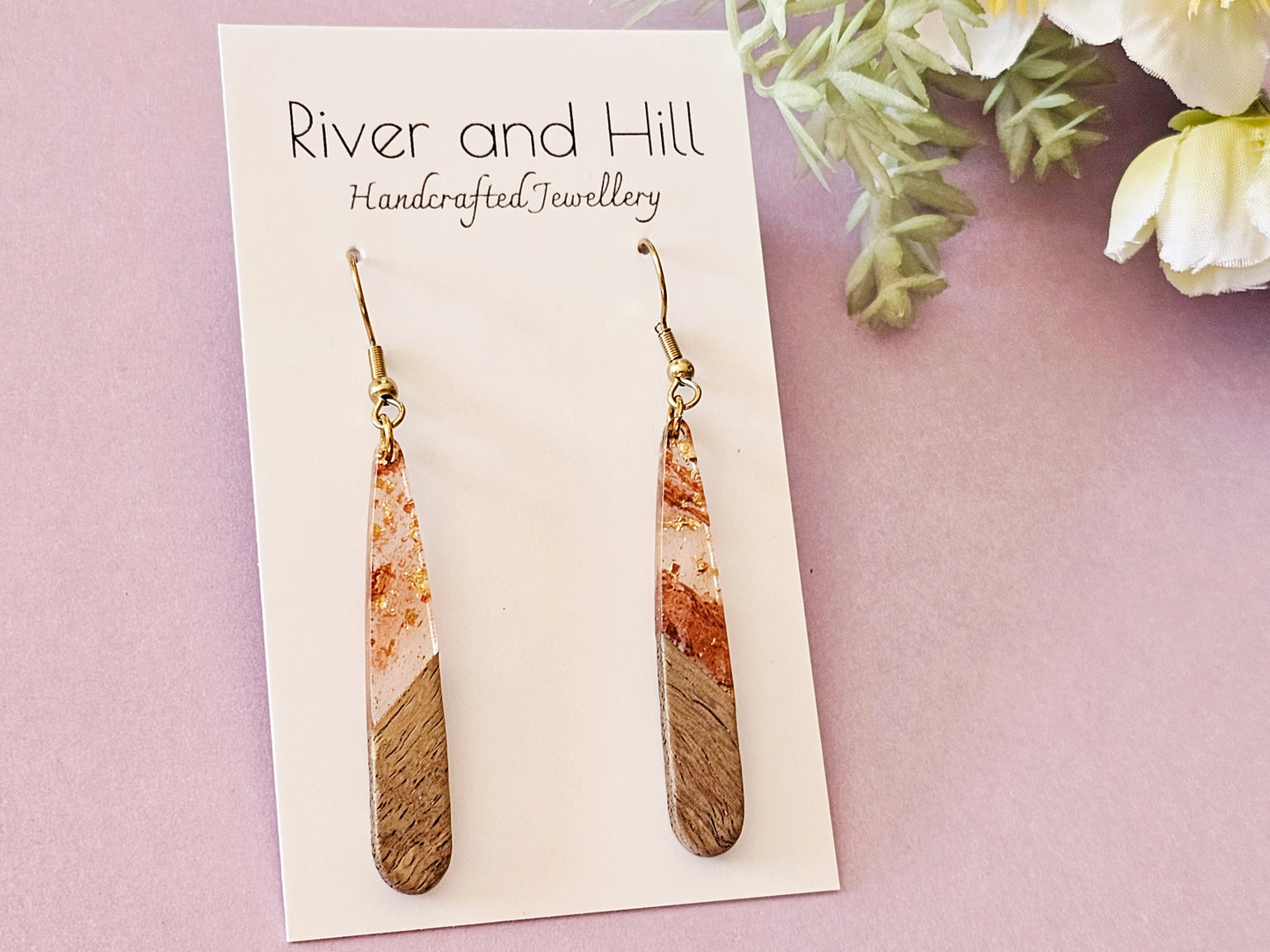 Wood and Resin Droplet Earrings