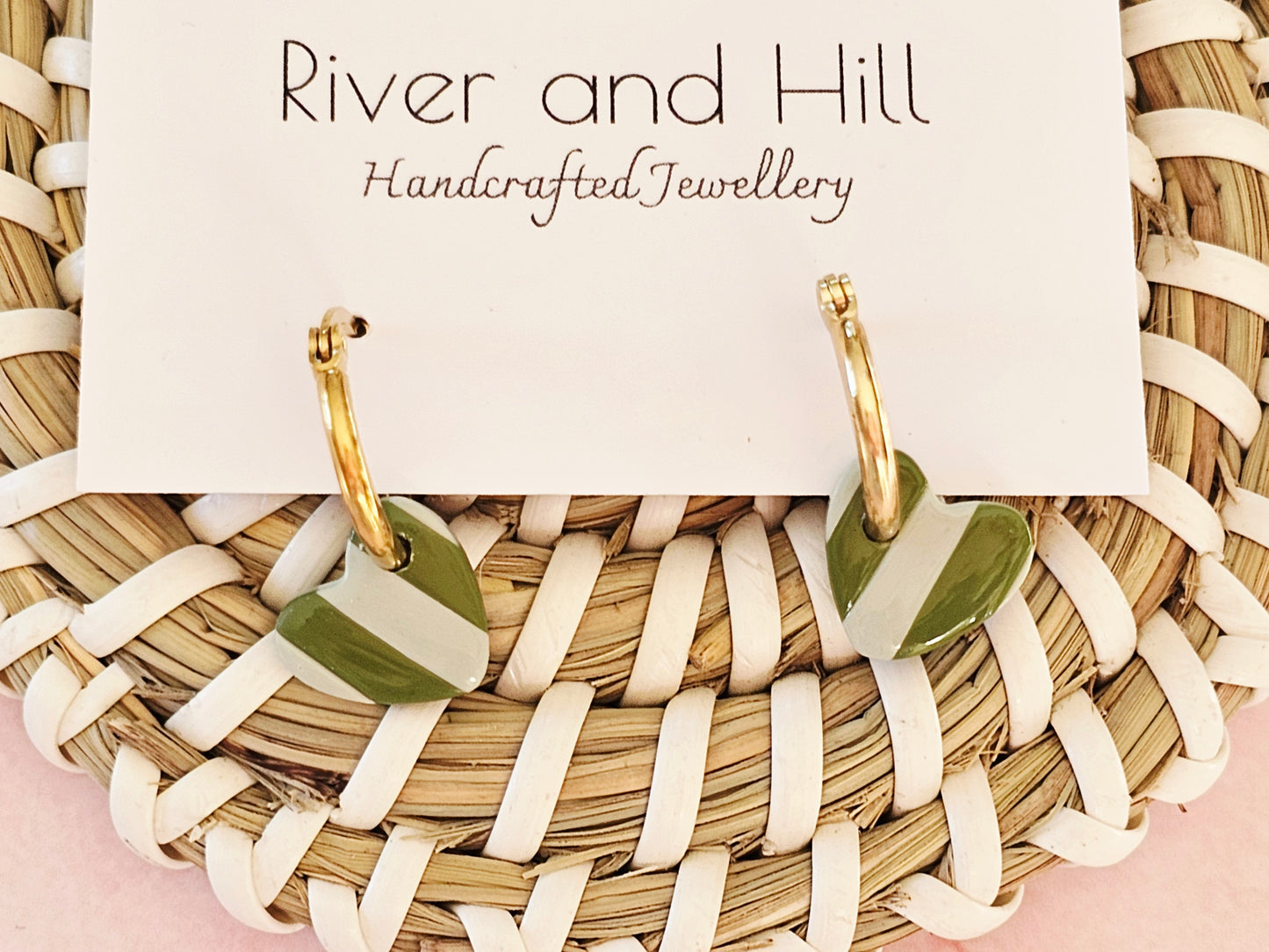 Striped Hoop Heart Earrings Olive and Sage Green