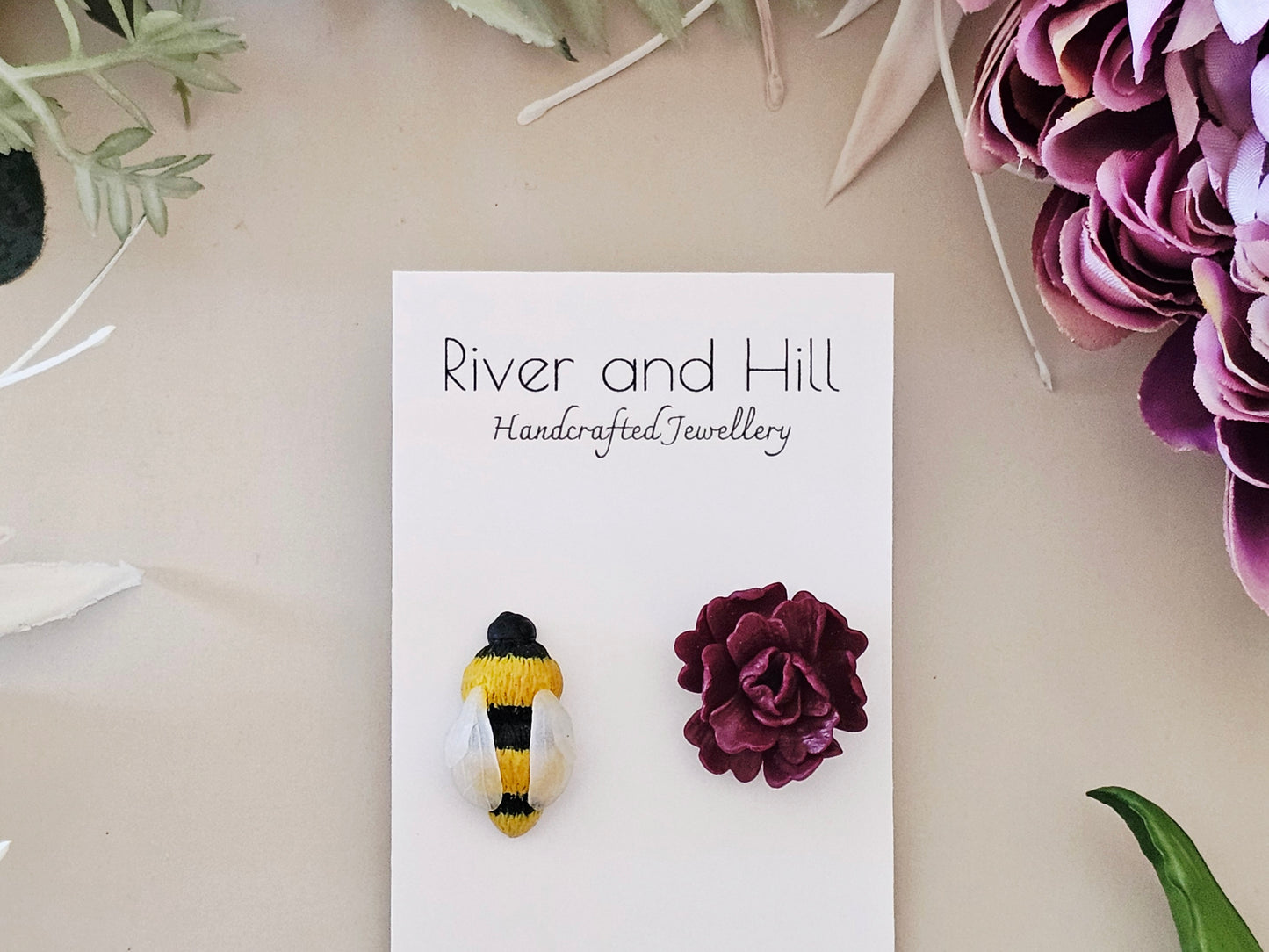 Carnation and Bumble Bee Earrings