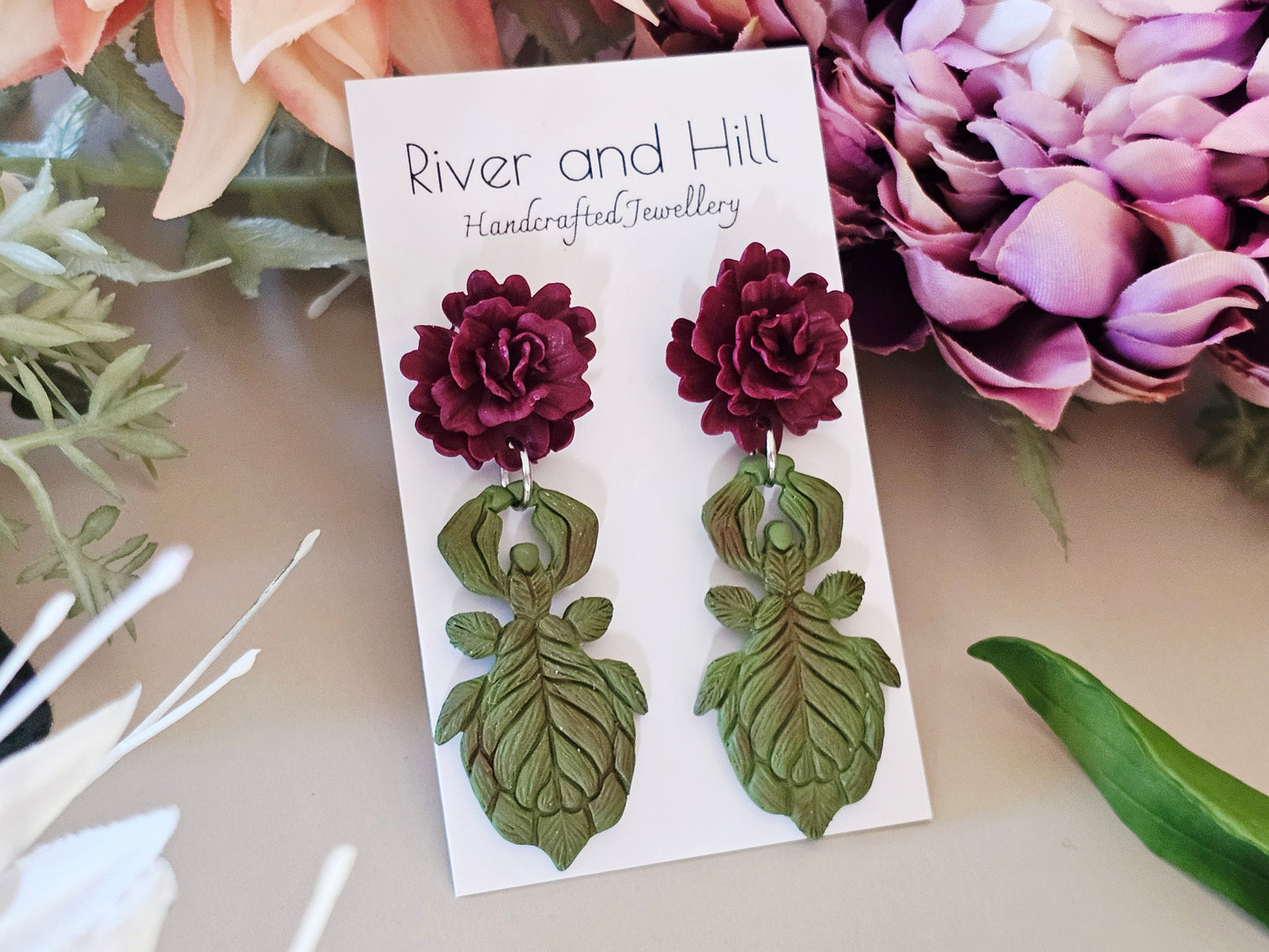 Leaf Insect & Carnation Earrings