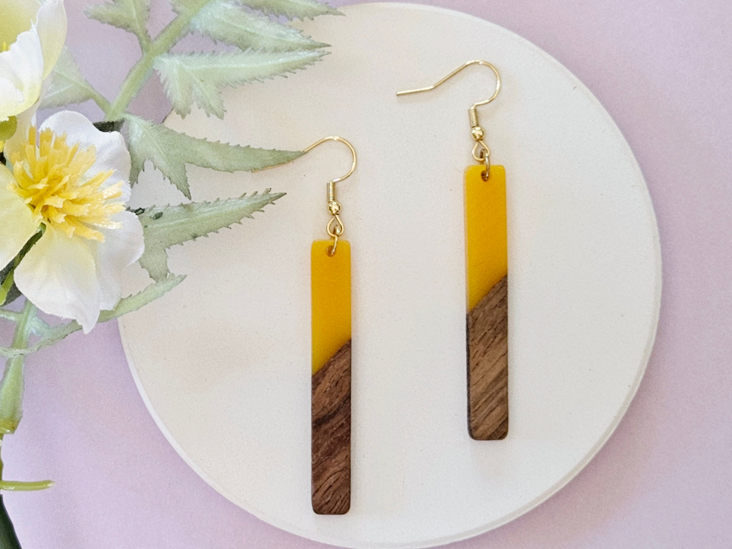 Wood and Resin Bar Gold Hook Earrings