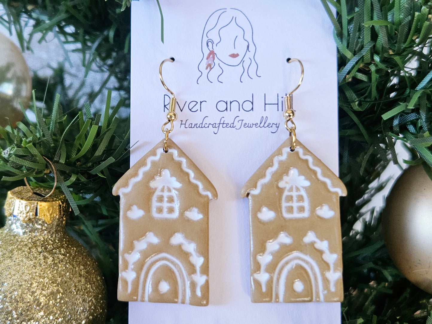 Christmas Folk Gingerbread House Hook Earrings