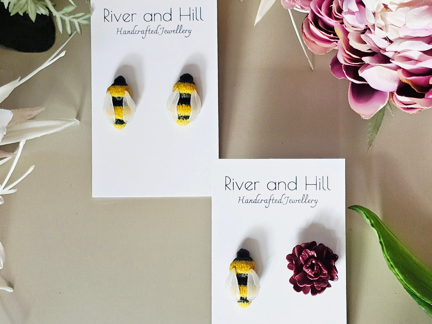 Carnation and Bumble Bee Earrings