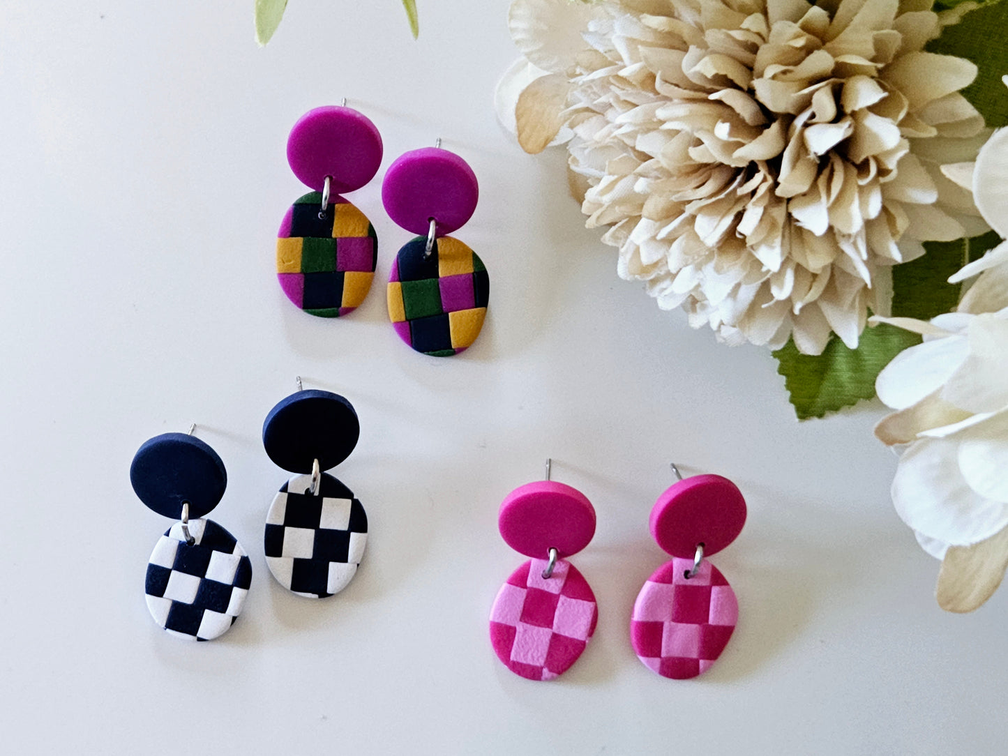 Checkered Drops Navy and White Earrings