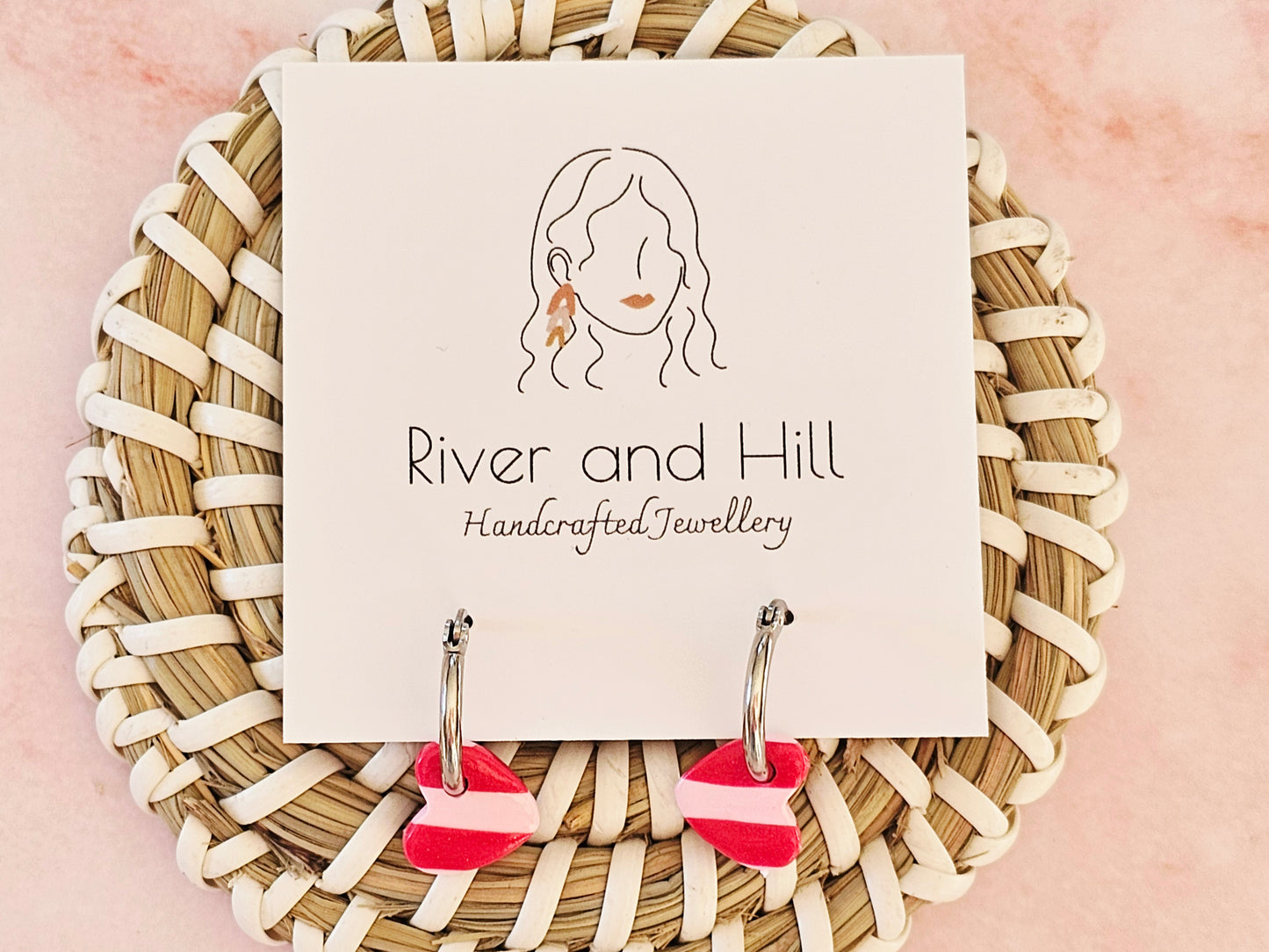 Striped Hoop Heart Earrings Pink and Red