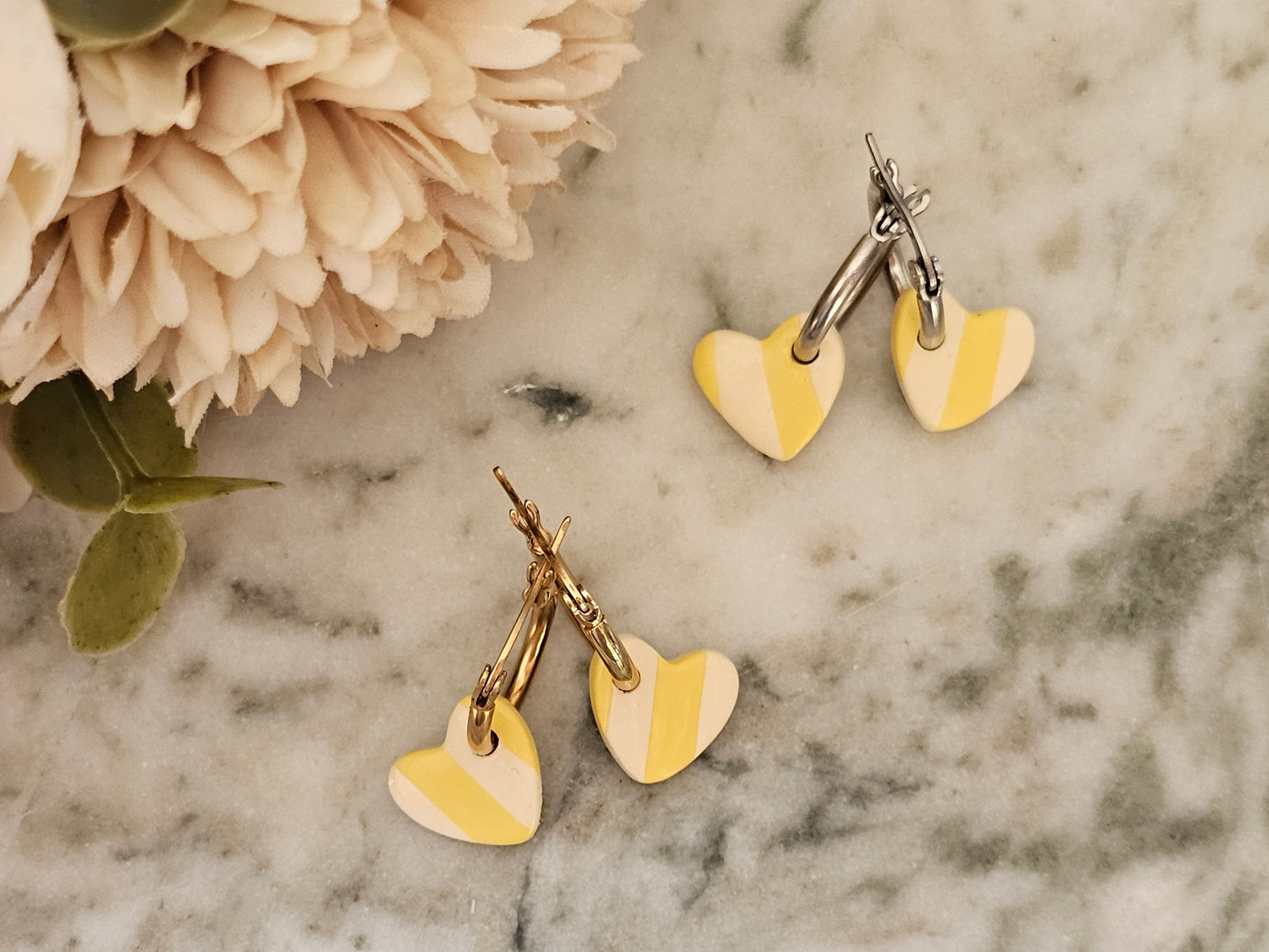 Striped Hoop Heart Earrings Yellow