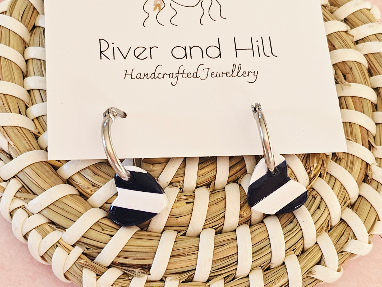 Striped Hoop Heart Earrings Navy and White