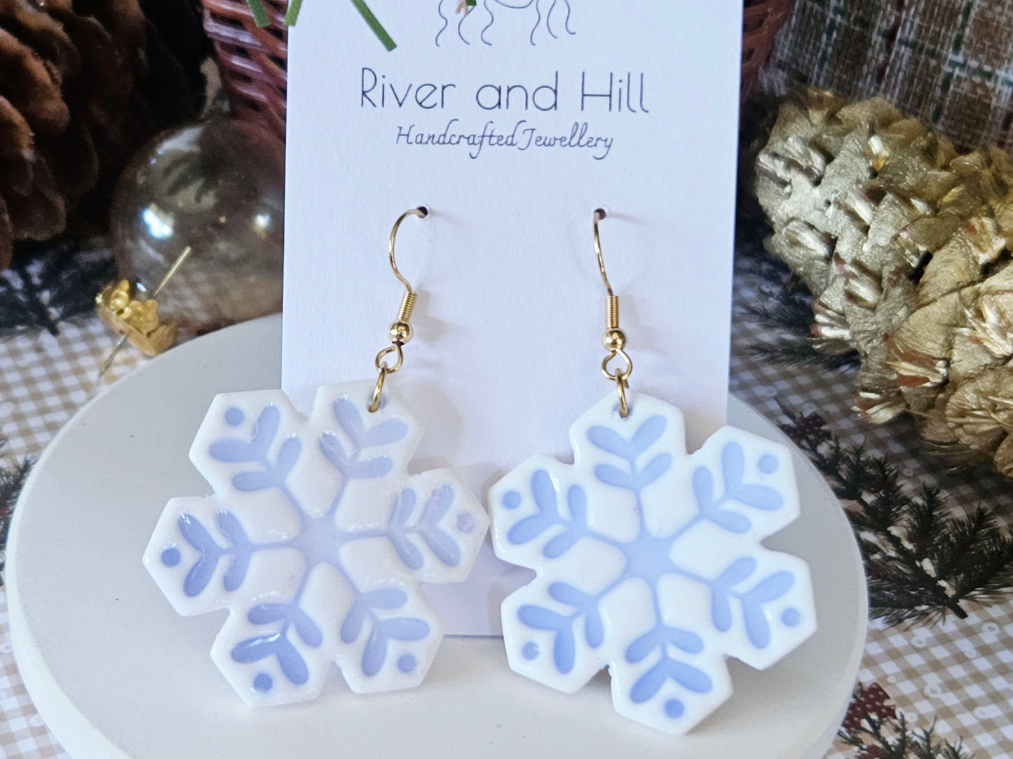 Christmas Porcelain Look Snowflake Hook Earrings