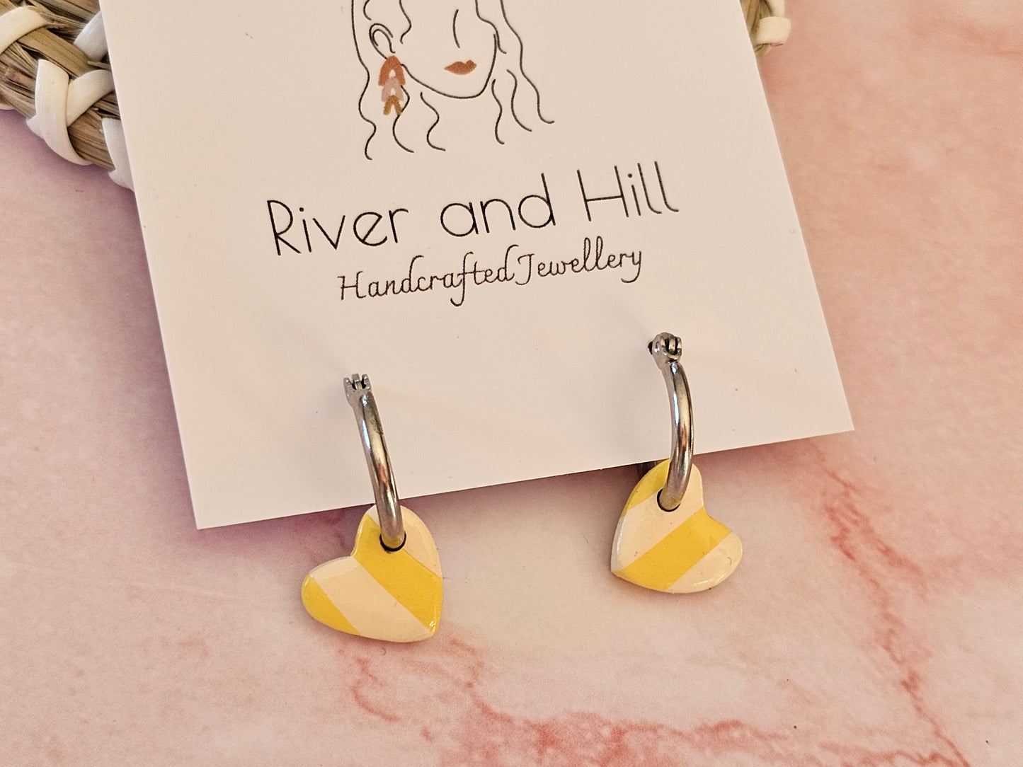 Striped Hoop Heart Earrings Yellow